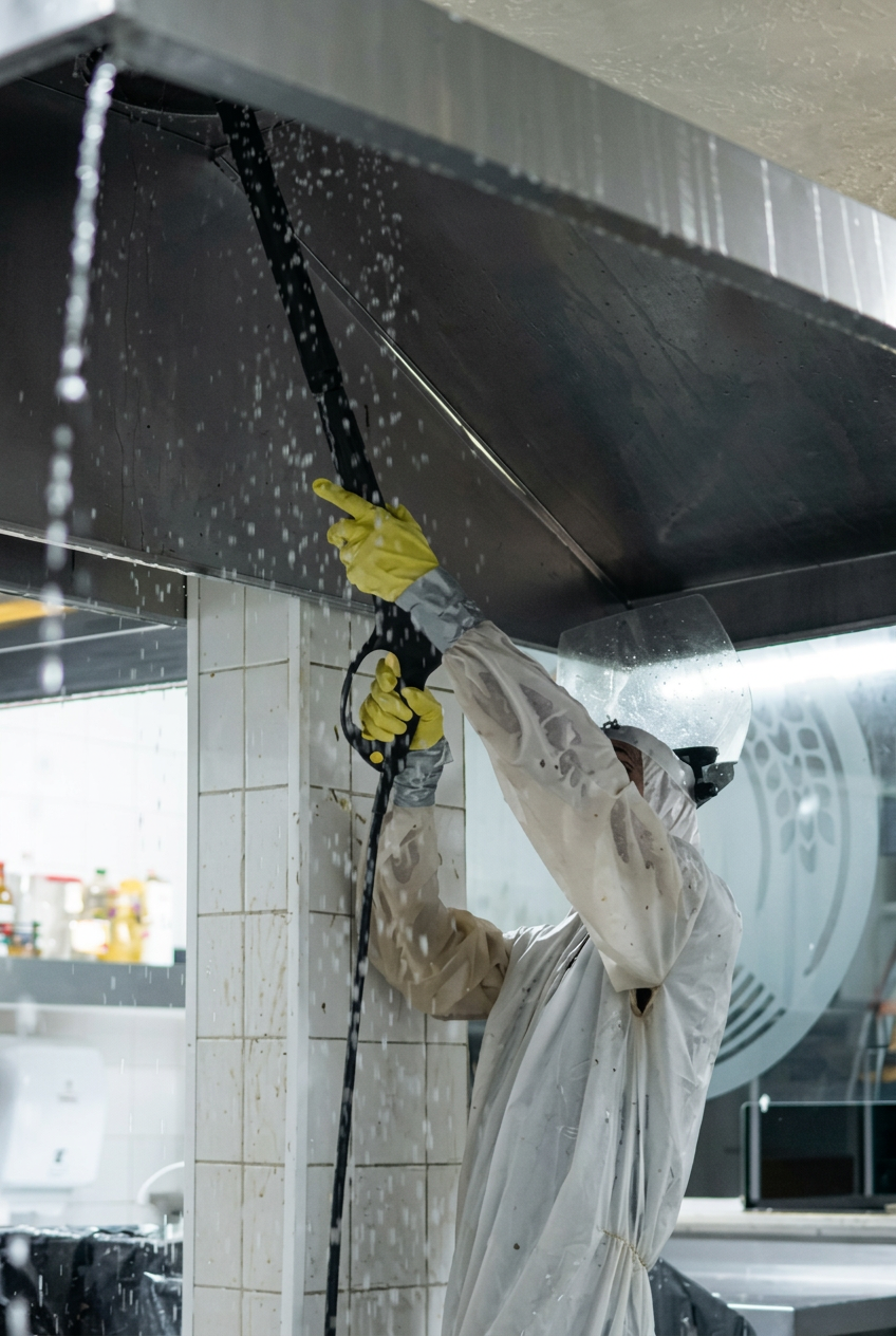 Profissional realizando a limpeza técnica de uma coifa em cozinha profissional